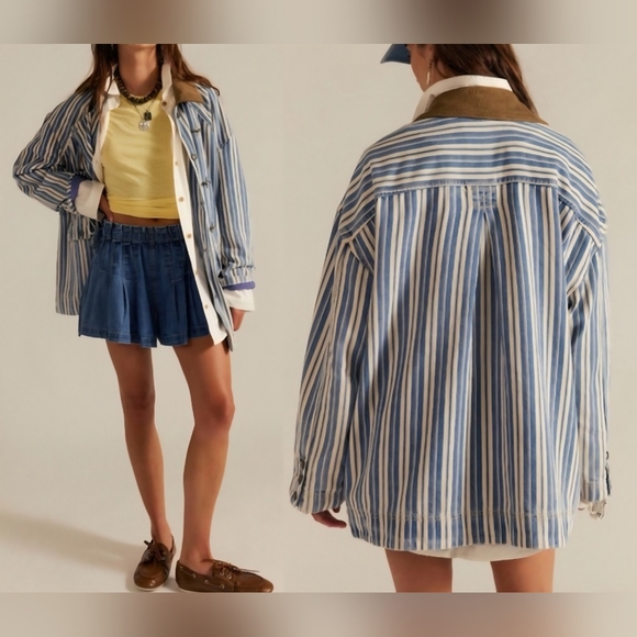 Free People Jackets & Blazers - Free People Blue Striped Denim Barn Coat Jacket Corduroy Collar, M, Retail $248